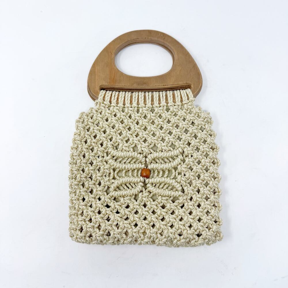 Vintage James Pugh Macrame Wooden Handle Boho Crochet Handbag Cream